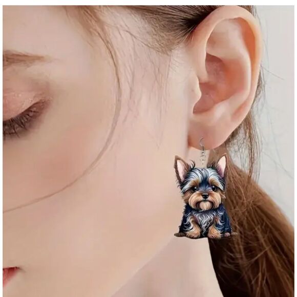 New Adorable Yorkshire Terrier Dangle Earrings - Acrylic Jewelry - Picture 3 of 5